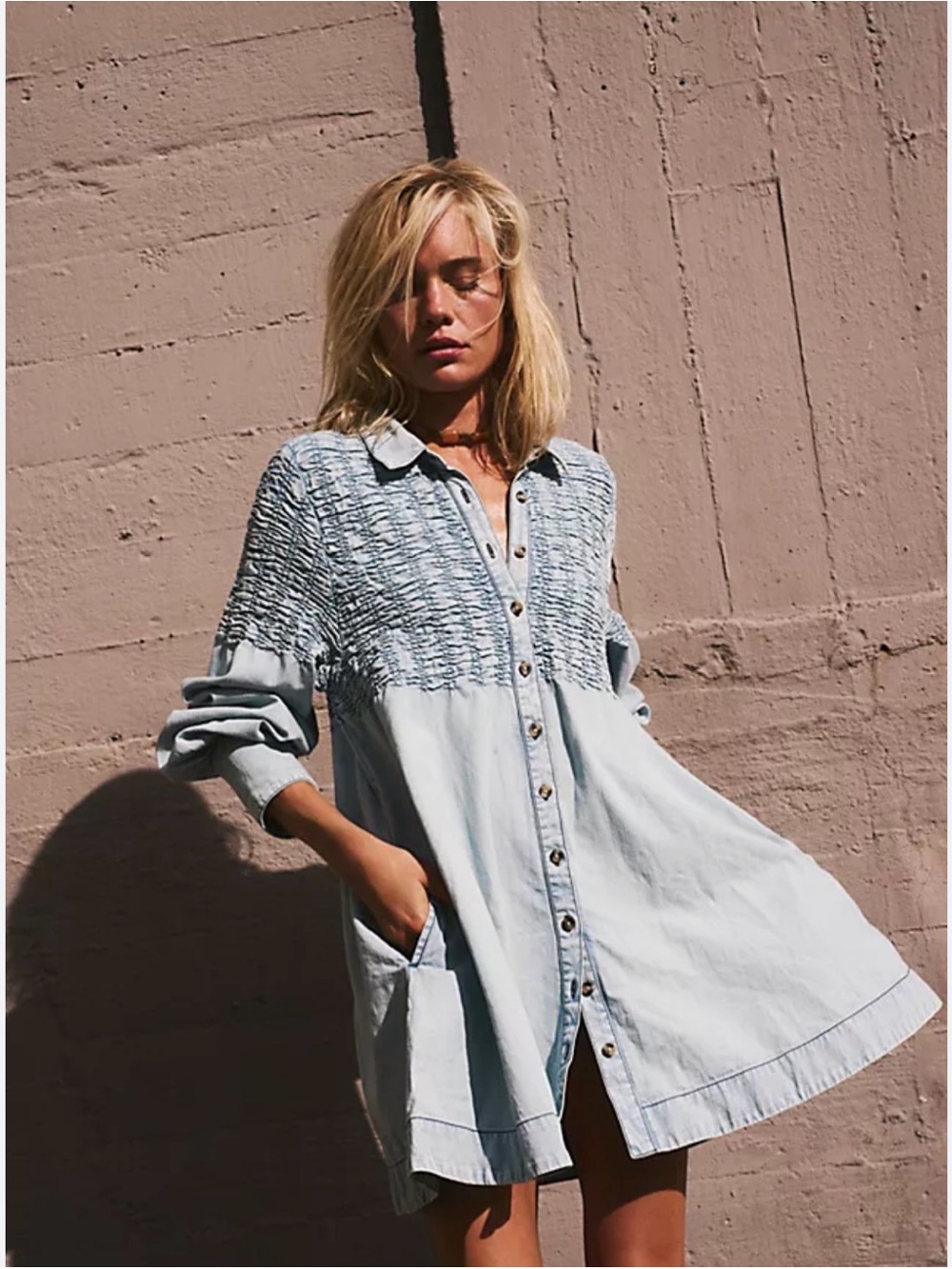 Free People Find Me Now denim Blue Smocked Yoke Denim Mini Dress Small - Picture 5 of 8